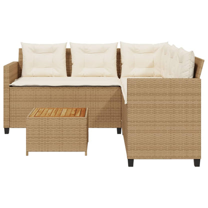 Tuinbank met tafel en kussens L-vormig poly rattan beige