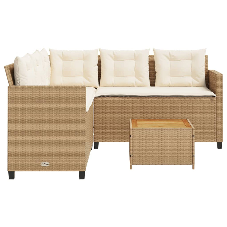 Tuinbank met tafel en kussens L-vormig poly rattan beige