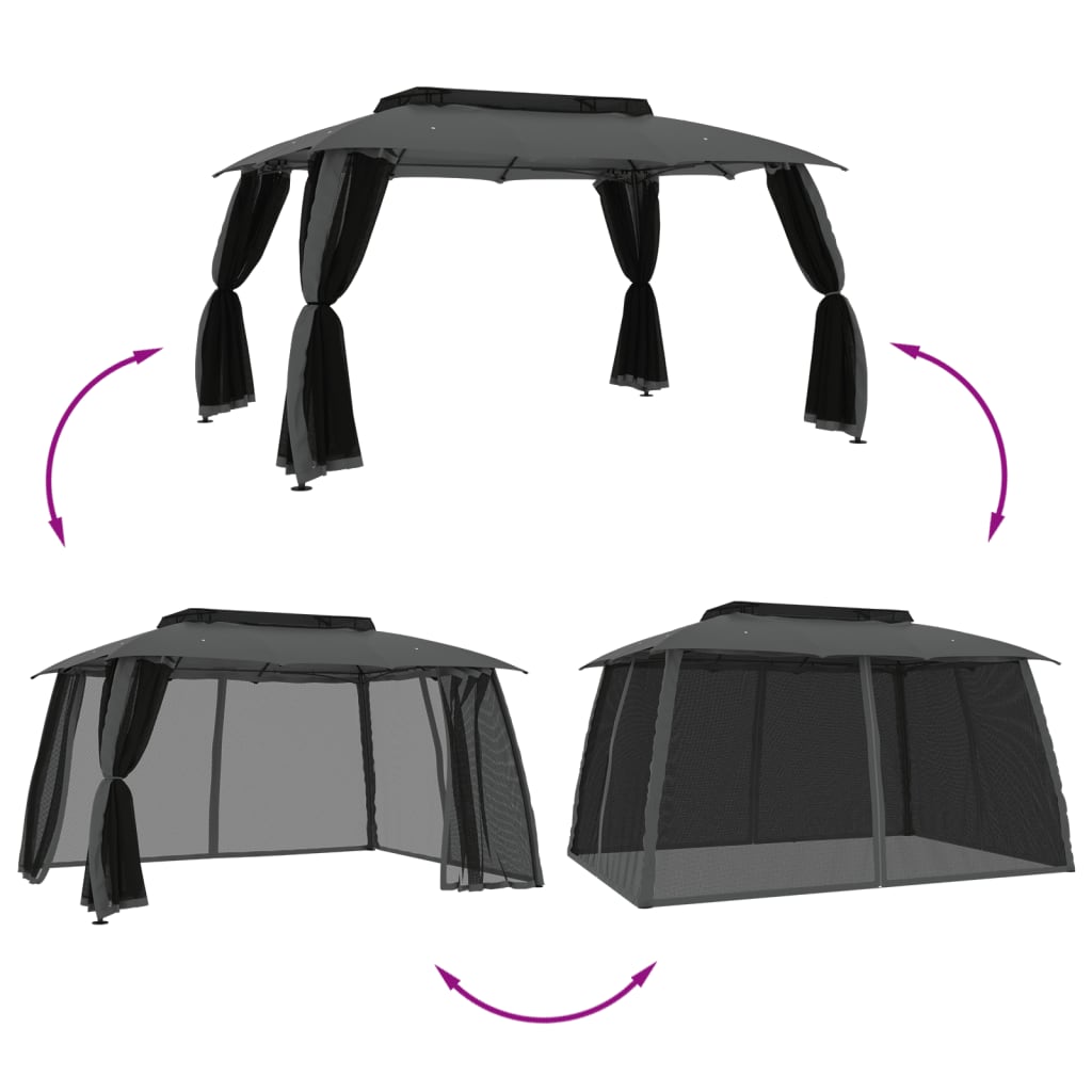Prieel Met Gaaswanden En Dubbel Dak 3,93X2,93 M Staal 3.93 x 2.93 m