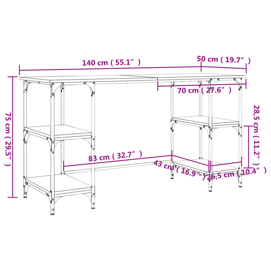 Bureau 140X50X75 Cm Metaal En Bewerkt Hout Sonoma Eikenkleurig