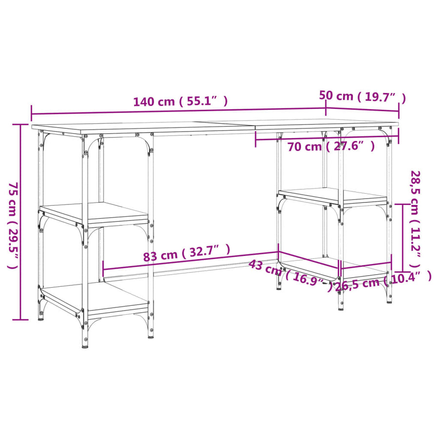 Bureau 140X50X75 Cm Metaal En Bewerkt Hout Grijs Sonoma Eiken