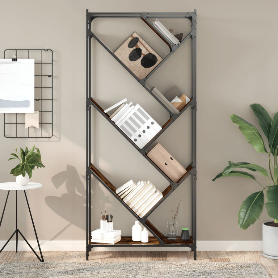 Boekenkast 79X30X180 Cm Bewerkt Hout En Metaal Gerookt Eiken