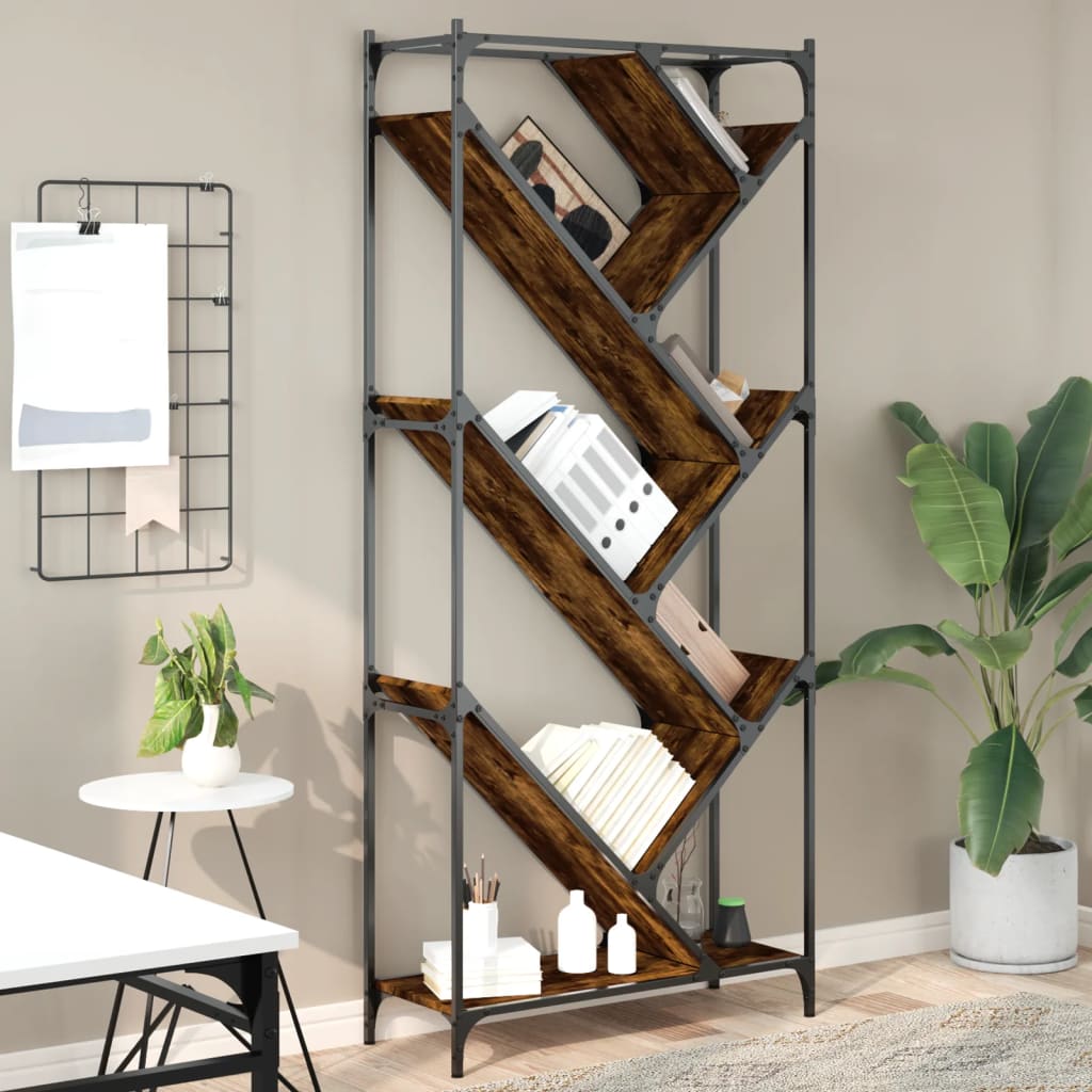 Boekenkast 79X30X180 Cm Bewerkt Hout En Metaal Gerookt Eiken