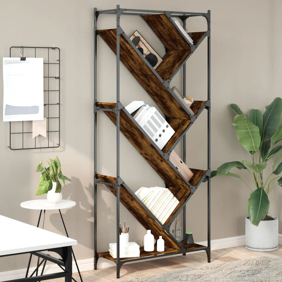 Boekenkast 79X30X180 Cm Bewerkt Hout En Metaal Gerookt Eiken