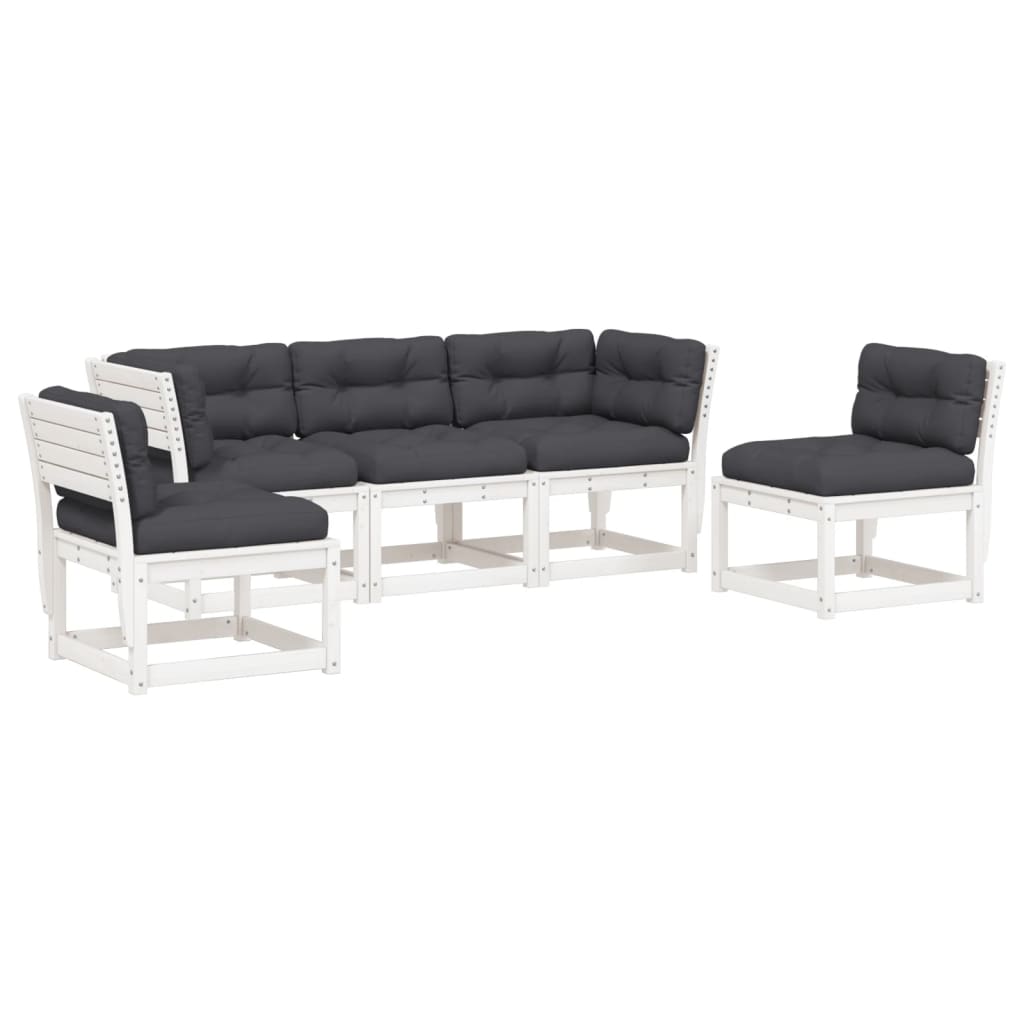 5-Delige Loungeset Met Kussens Massief Grenenhout Wit