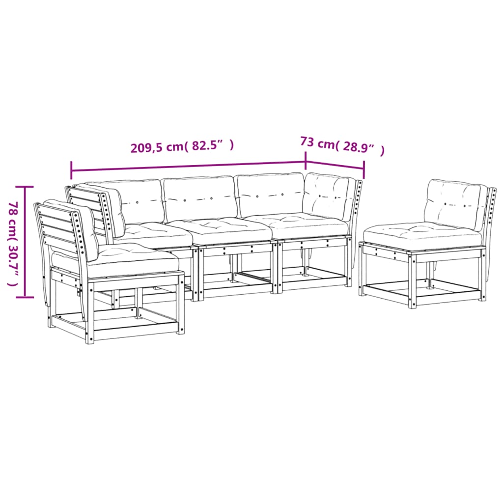 5-Delige Loungeset Met Kussens Massief Grenenhout Wasbruin