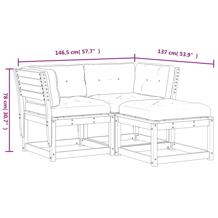 3-Delige Loungeset Met Kussens Massief Grenenhout Wit