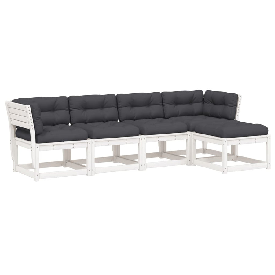 5-delige Loungeset met kussens massief grenenhout wit Wit