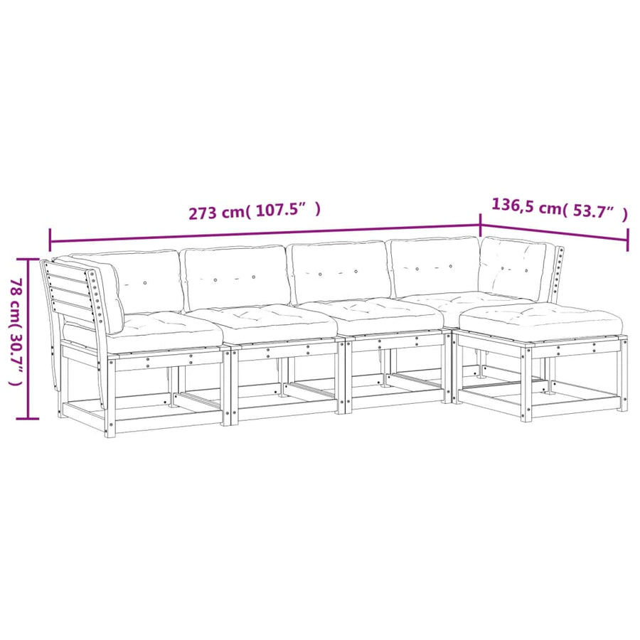 5-delige Loungeset met kussens massief grenenhout wit Wit