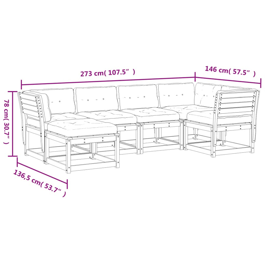 6-delige Loungeset met kussens massief grenenhout wit Wit