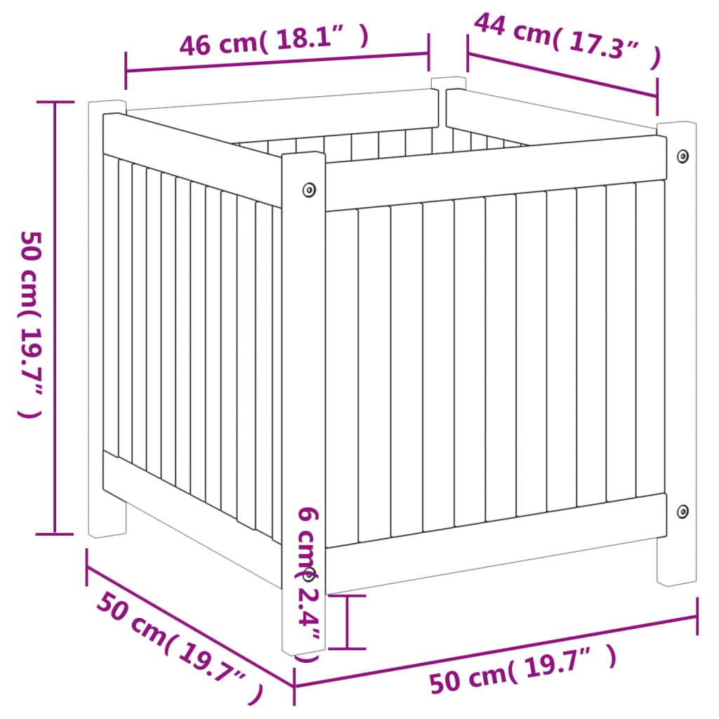 Plantenbak met voering 50x50x50 cm massief acaciahout