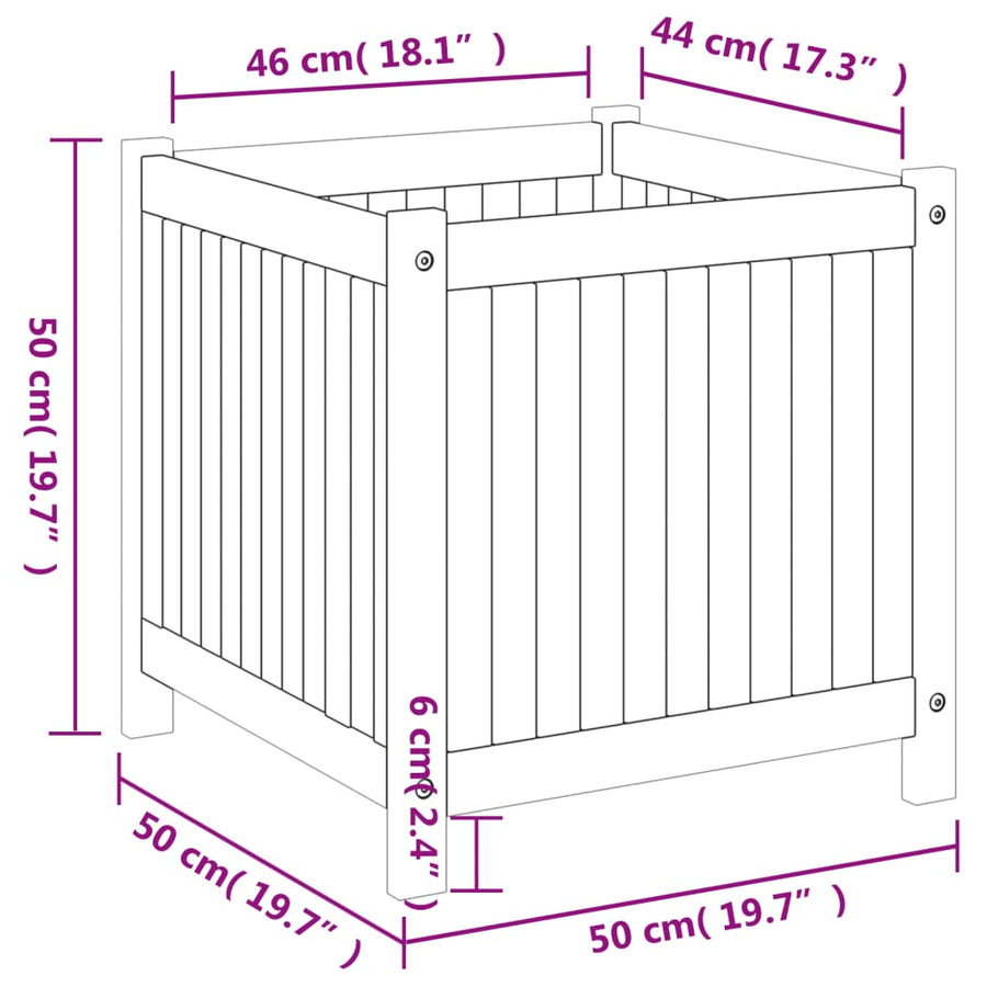 Plantenbak met voering 50x50x50 cm massief acaciahout
