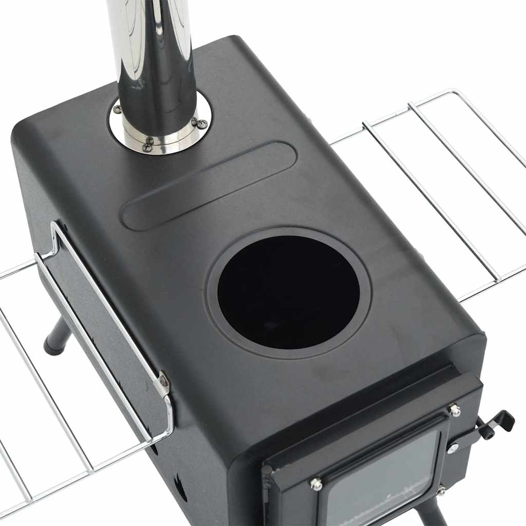 Houtkachel Tent Met Schoorsteen En Inklapbare Poten Staal Zwart Acaciahout (Naturel)