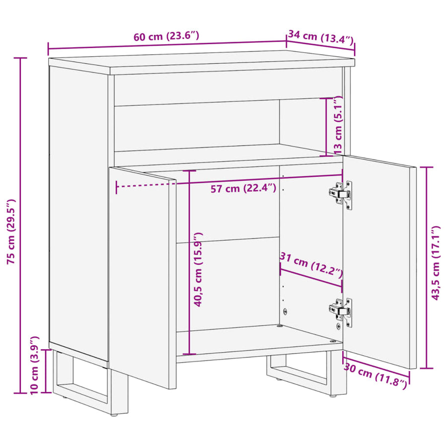 Dressoir 60x34x75 cm massief mangohout bruin