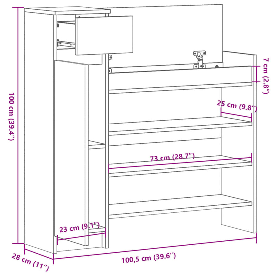 Schoenenkast 100,5x28x100 cm bewerkt hout betongrijs