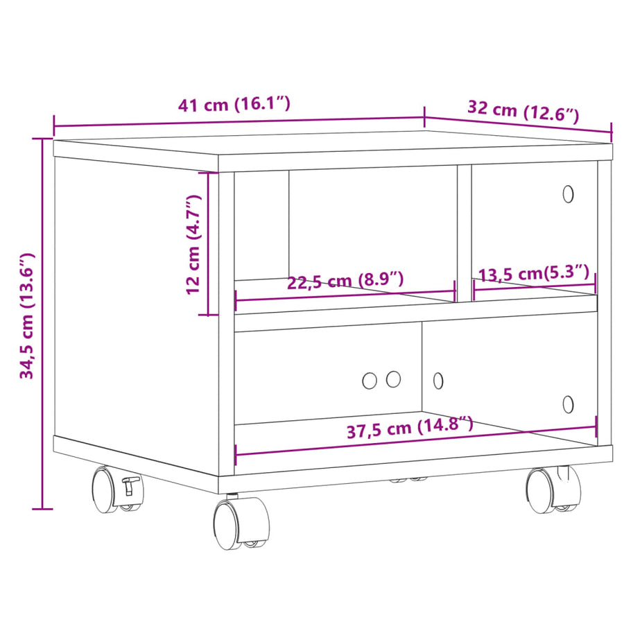 Printerkastje met wielen 41x32x34,5 cm wit