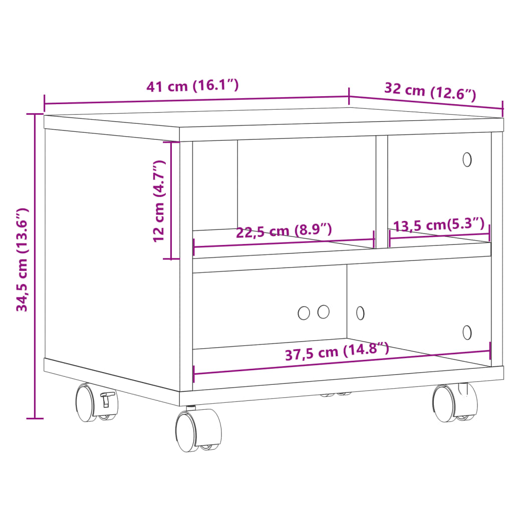 Printerkastje met wielen 41x32x34,5 cm sonoma eikenkleurig