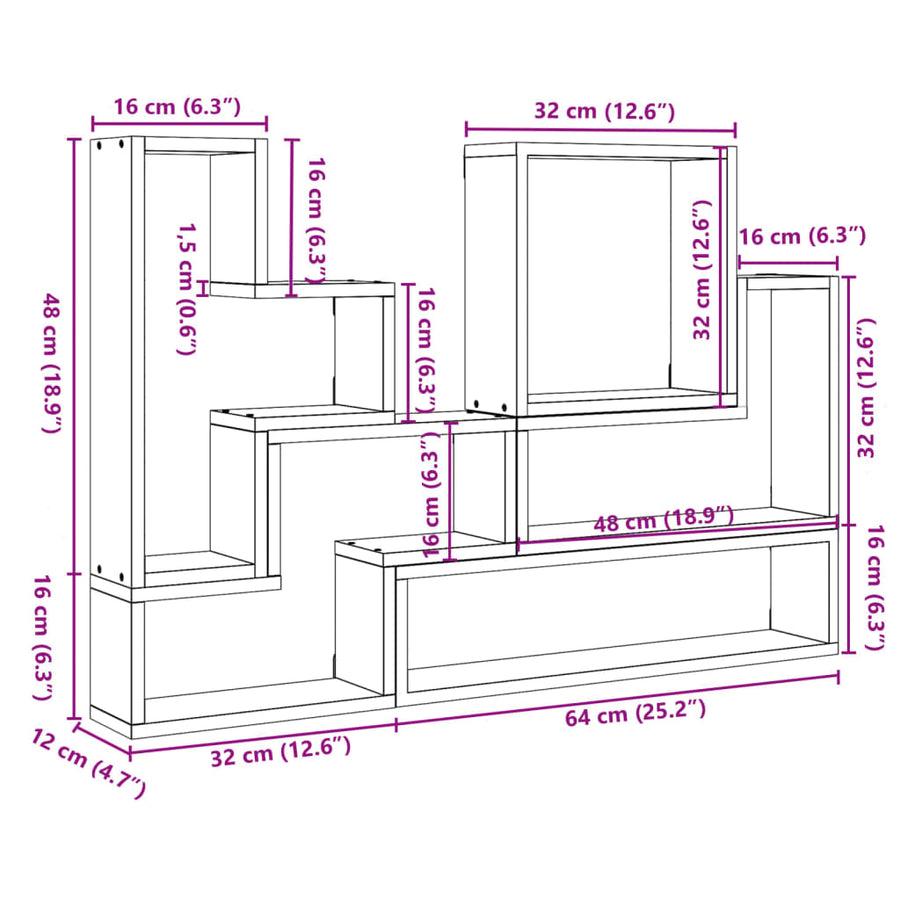Wandschap 96X12X64 Cm Bewerkt Hout Betongrijs