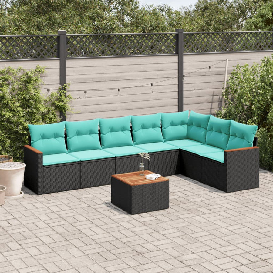 8-delige tuinbankset met kussens, zwart polyrotan