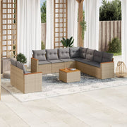 10-piece Loungeset with cushions poly rattan mixed beige