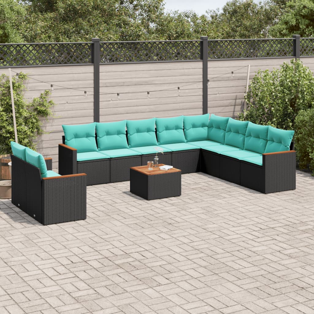 11-delige tuinbankset met kussens, zwart polyrotan