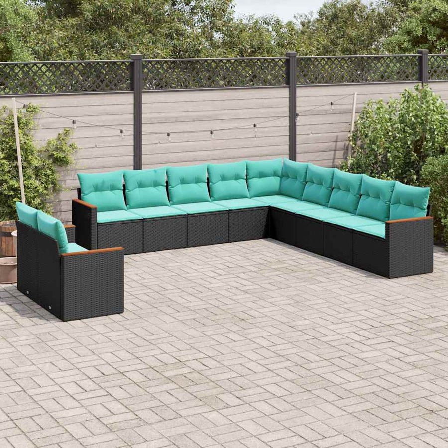 11-delige tuinbankset met kussens, zwart polyrotan