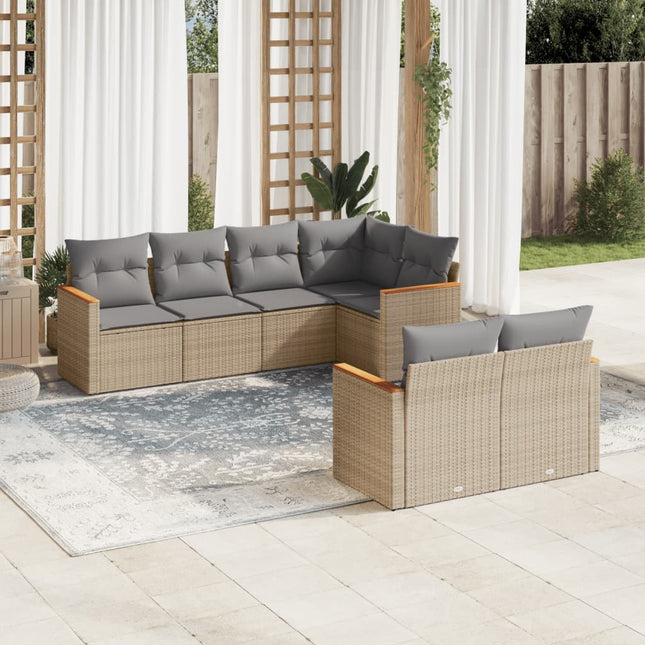 7-Delige Loungeset Met Kussens Poly Rattan Gemengd Beige