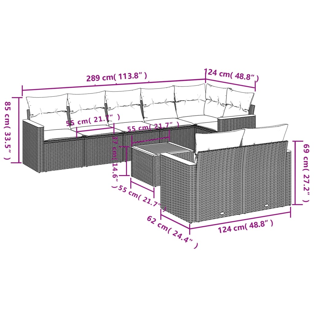 9-Delige Loungeset Met Kussens Poly Rattan Grijs