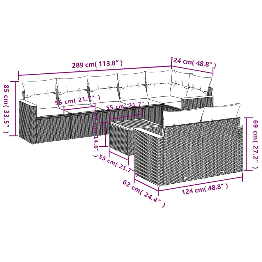 9-Delige Loungeset Met Kussens Poly Rattan Grijs