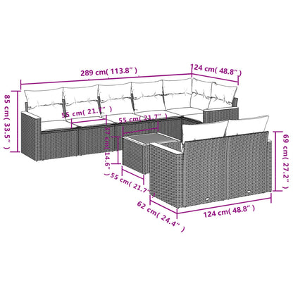 9-delige tuinbankset met kussens, grijs polyrotan