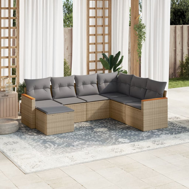 7-Delige Loungeset Met Kussens Poly Rattan Gemengd Beige