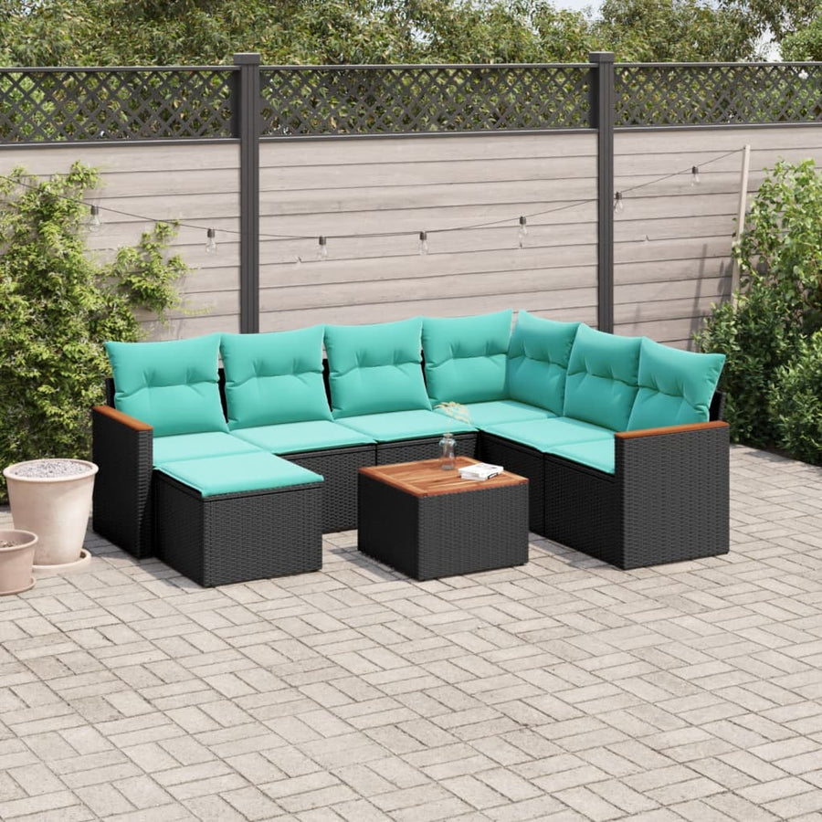 8-delige tuinbankset met kussens, zwart polyrotan