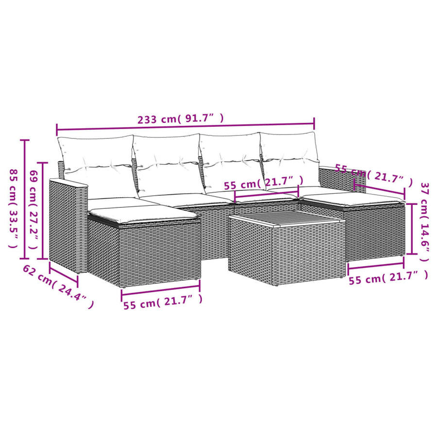7-Delige Loungeset Met Kussens Poly Rattan Gemengd Beige