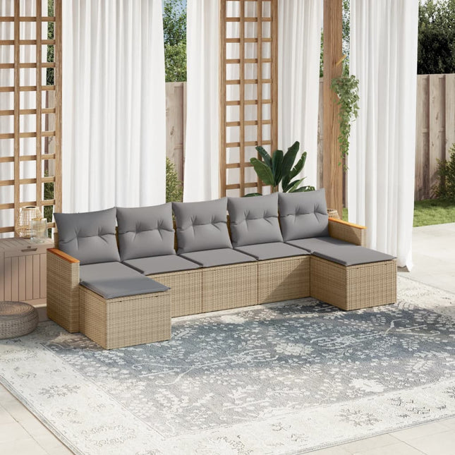 7-Delige Loungeset Met Kussens Poly Rattan Gemengd Beige