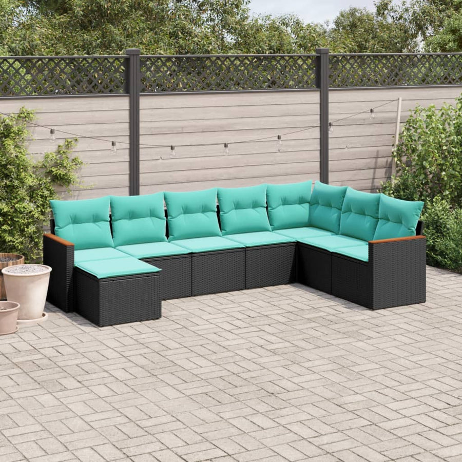 8-delige tuinbankset met kussens, zwart polyrotan