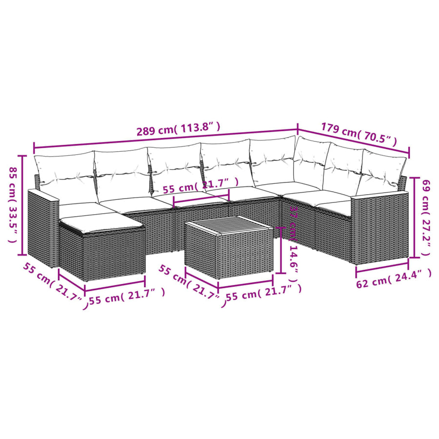 9-Delige Loungeset Met Kussens Poly Rattan Gemengd Beige