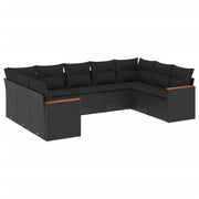 Loungeset poly rattan 9-delig zwart met kussens