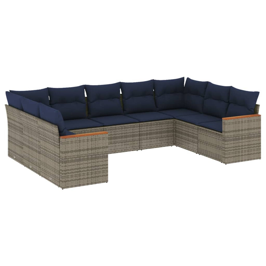 9-delige tuinbankset met kussens, grijs polyrotan