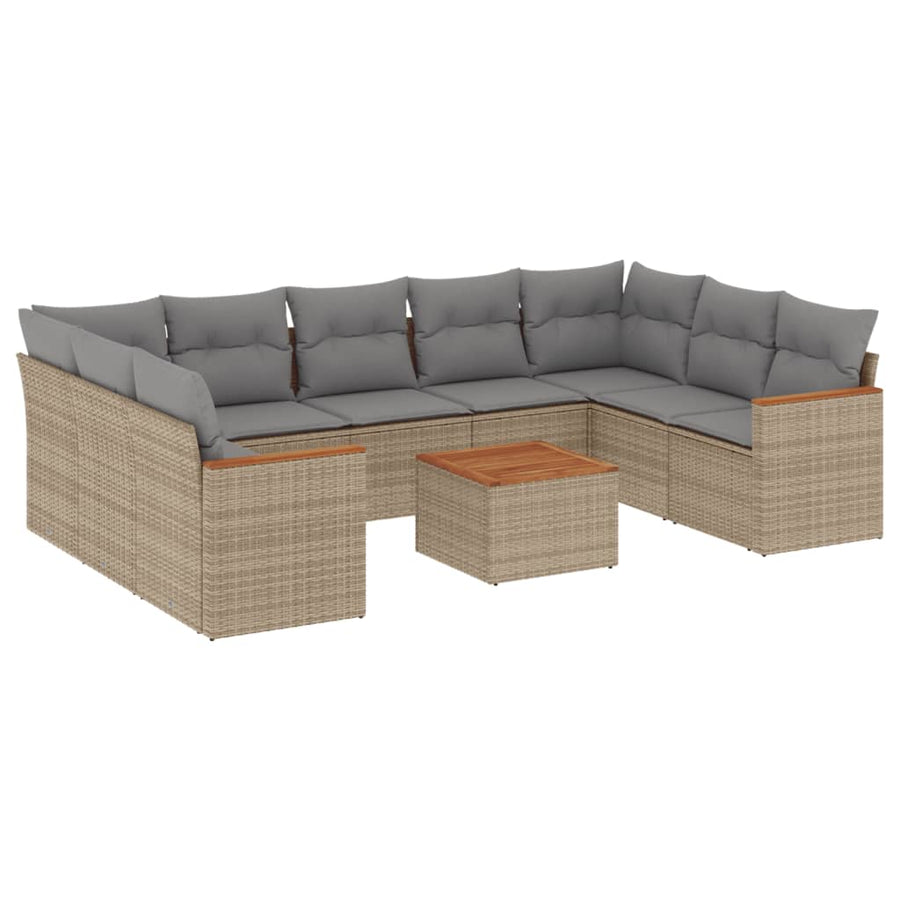 10-Delige Loungeset Met Kussens Poly Rattan Gemengd Beige