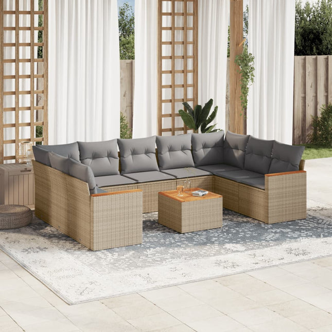 10-Delige Loungeset Met Kussens Poly Rattan Gemengd Beige