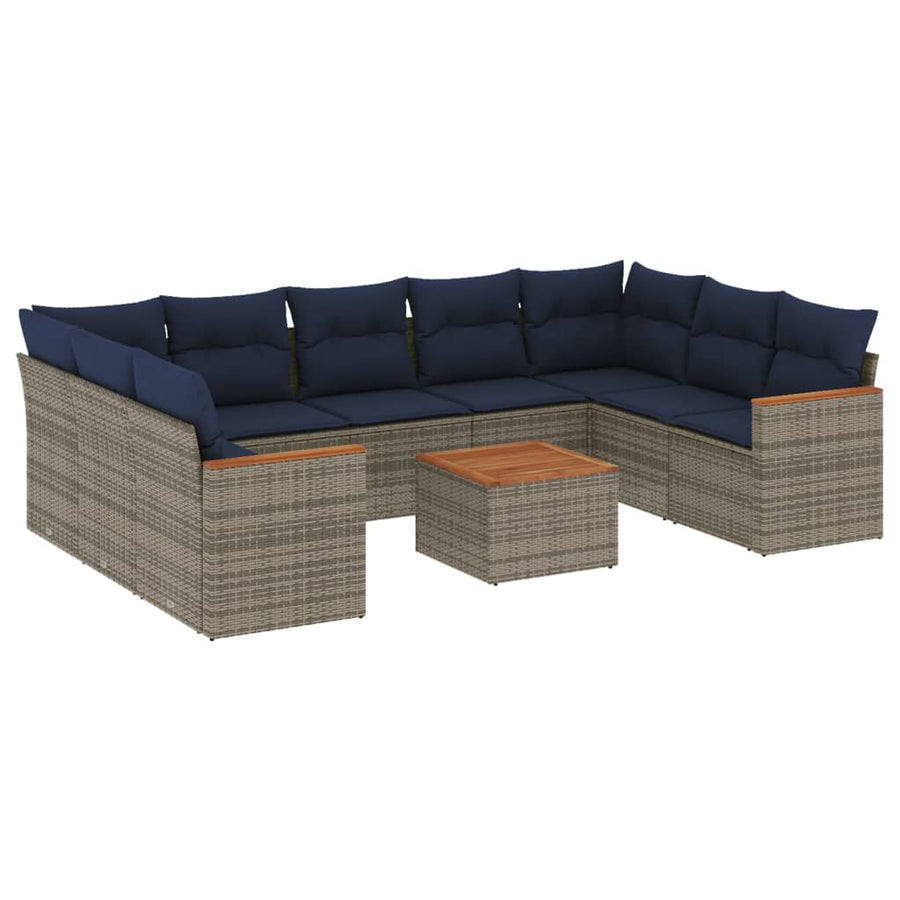 10-delige tuinbankset met kussens, grijs polyrotan