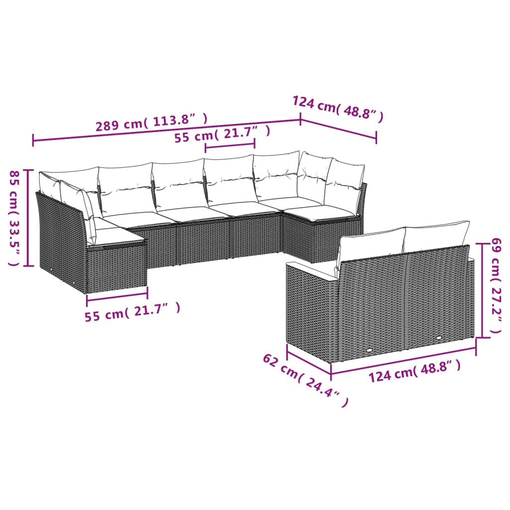 9-delige tuinbankset met kussens, grijs polyrotan
