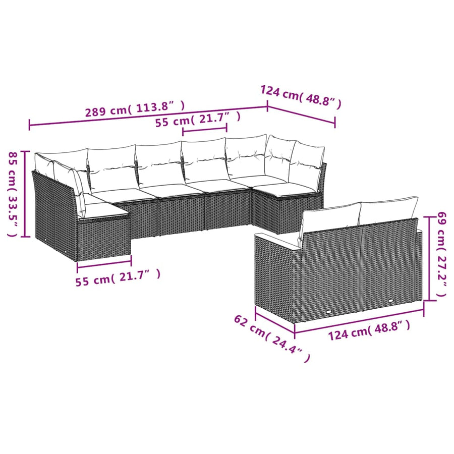 9-delige tuinbankset met kussens, grijs polyrotan
