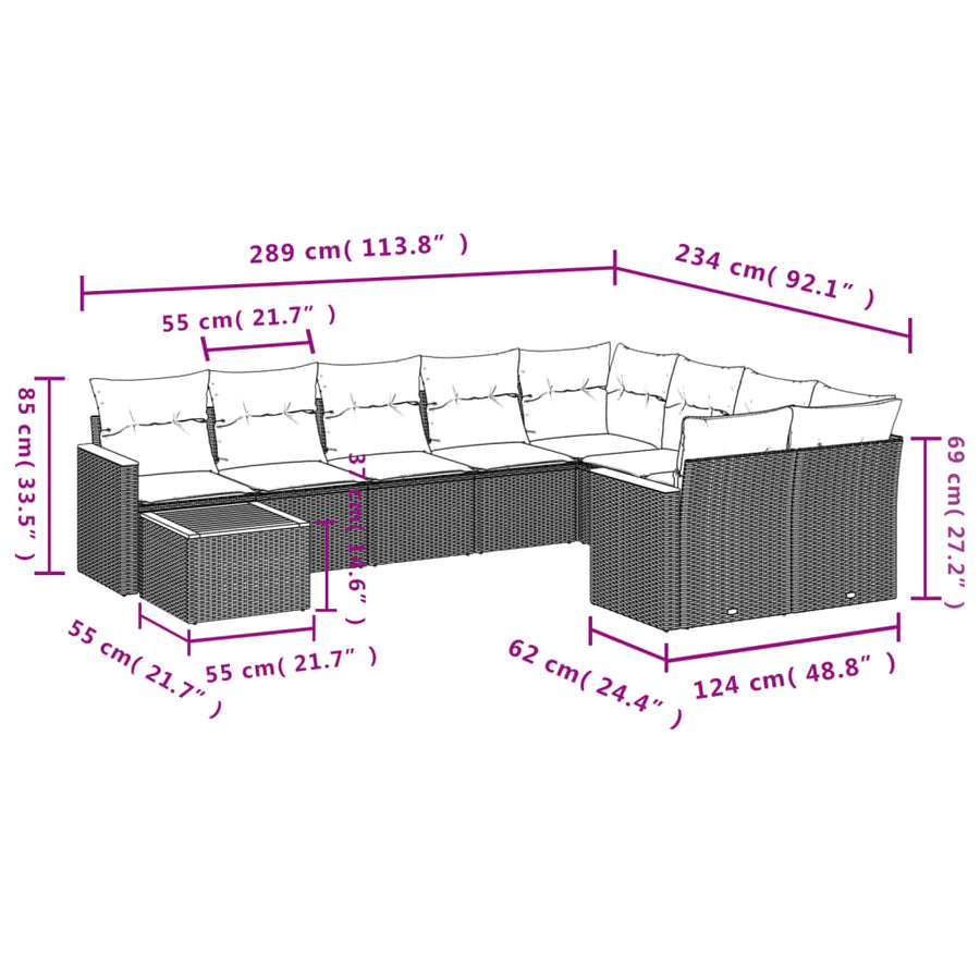 10-delige tuinbankset met kussens, grijs polyrotan