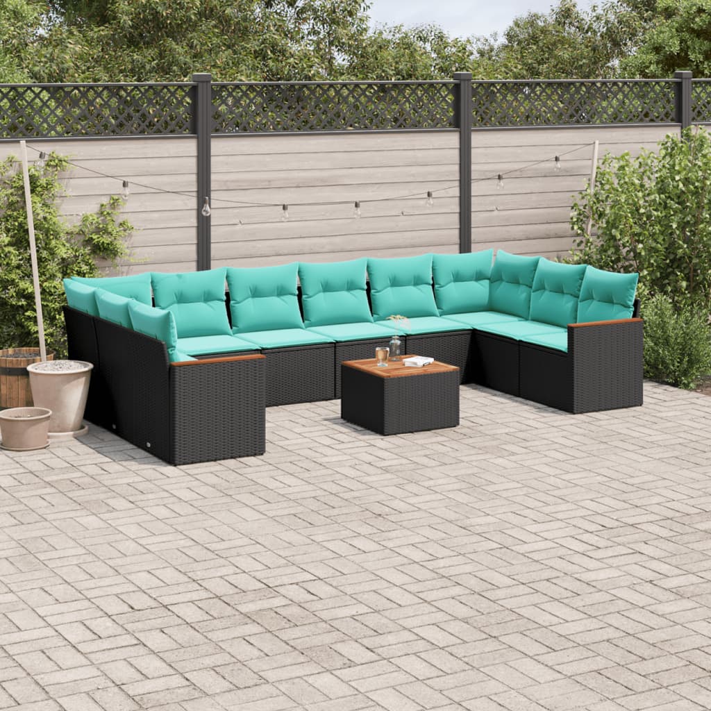11-delige tuinbankset met kussens, zwart polyrotan
