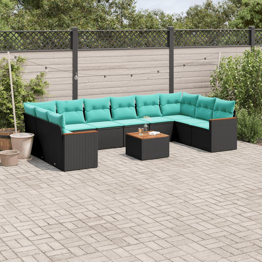 11-delige tuinbankset met kussens, zwart polyrotan
