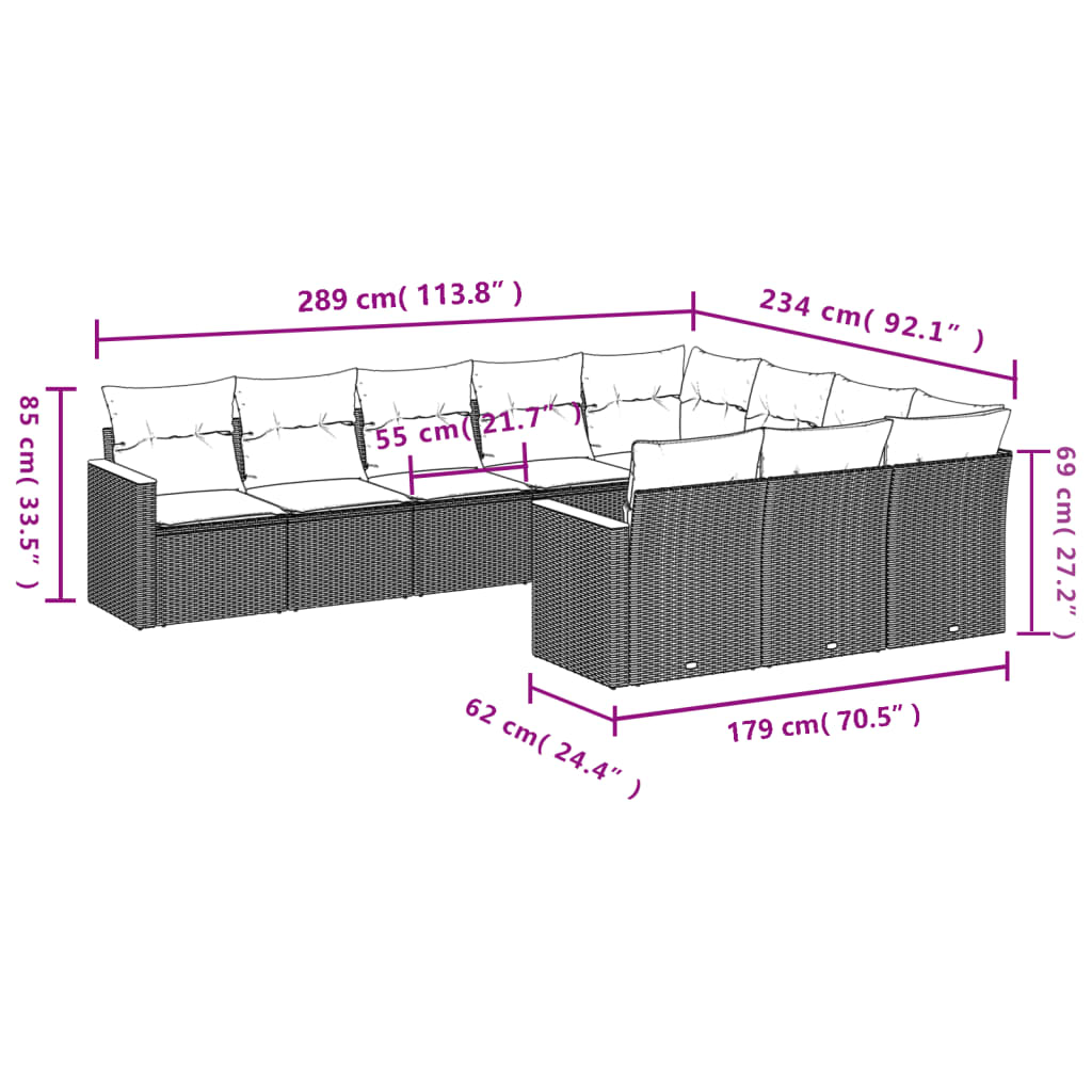 10-delige tuinbankset met kussens, grijs polyrotan