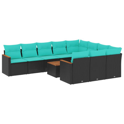 11-delige tuinbankset met kussens, zwart polyrotan