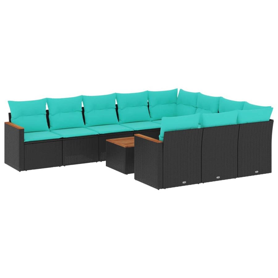11-delige tuinbankset met kussens, zwart polyrotan