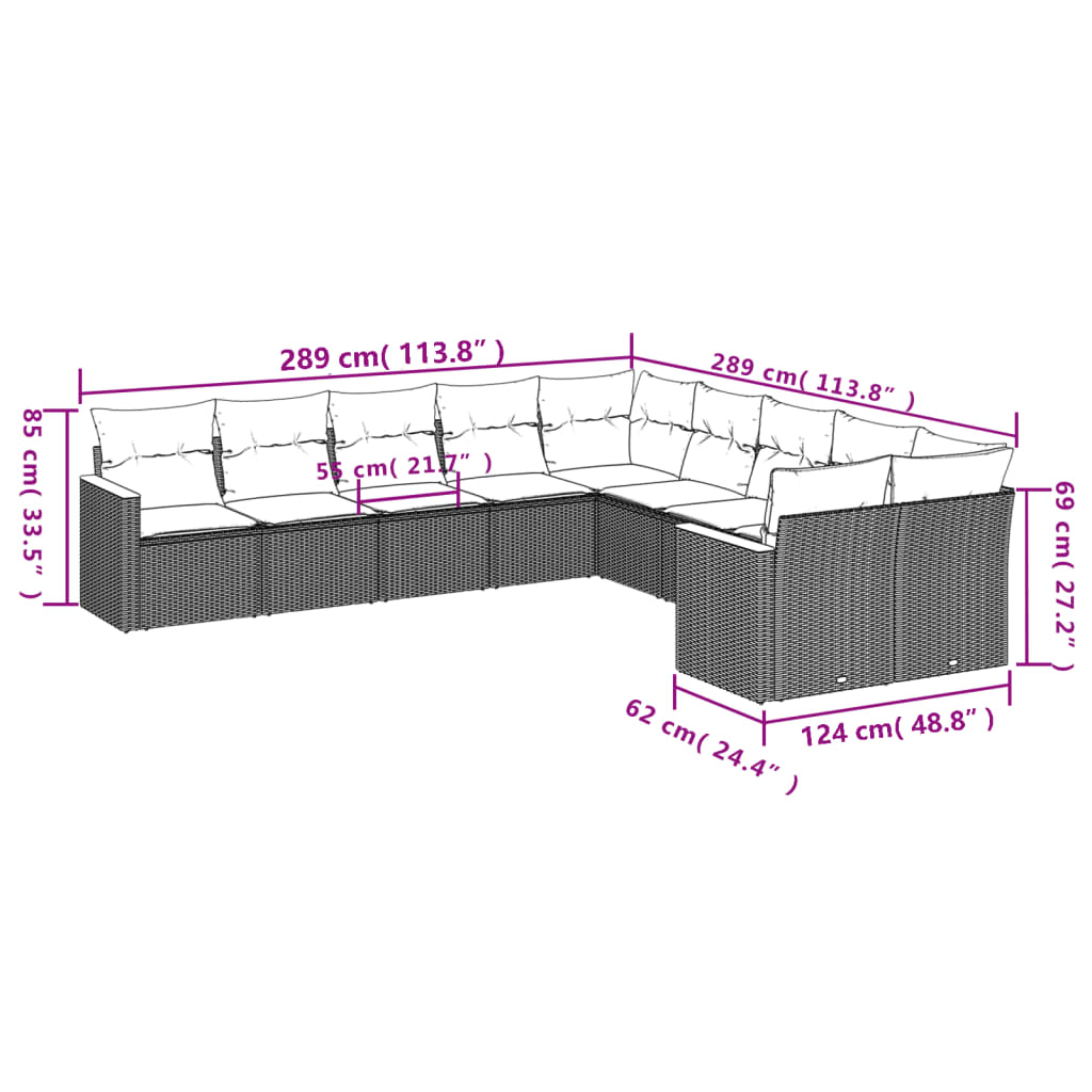 10-delige tuinbankset met kussens, grijs polyrotan